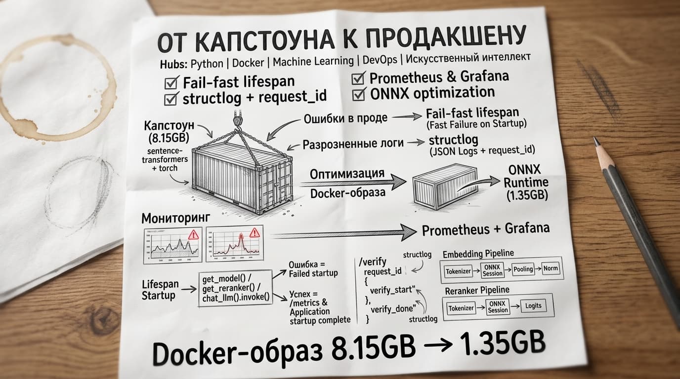 От капстоуна к продакшену: fail‑fast, structured logs, Prometheus и Docker‑образ 8.15GB → 1.35GB