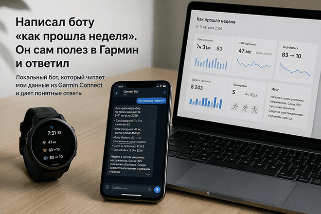 Написал боту «как прошла неделя». Он сам полез в Garmin и ответил